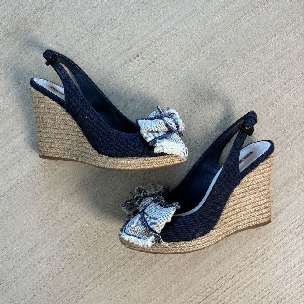 Prada Women’s Suede Wedge Sandals Navy/Beige Bow Ankle Strap Buckle Sz 6
